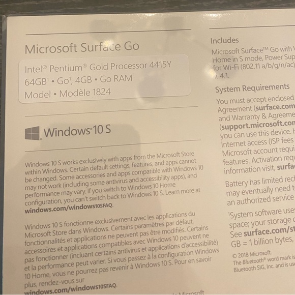 Microsoft Surface Go Intel Pentium Gold 4415Y 1824 64GB 4GB Ram Wi-Fi Win 10 Pro - Picture 4 of 5